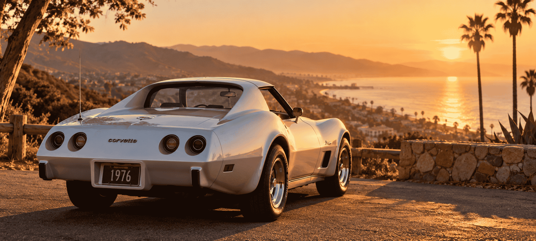 Corvette Stingray 1976 blanche dans un décor californien au coucher du soleil